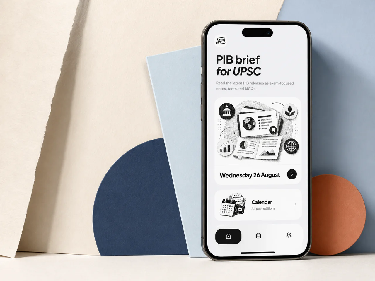 PIB Brief daily dashboard shown on a phone in an editorial study setting