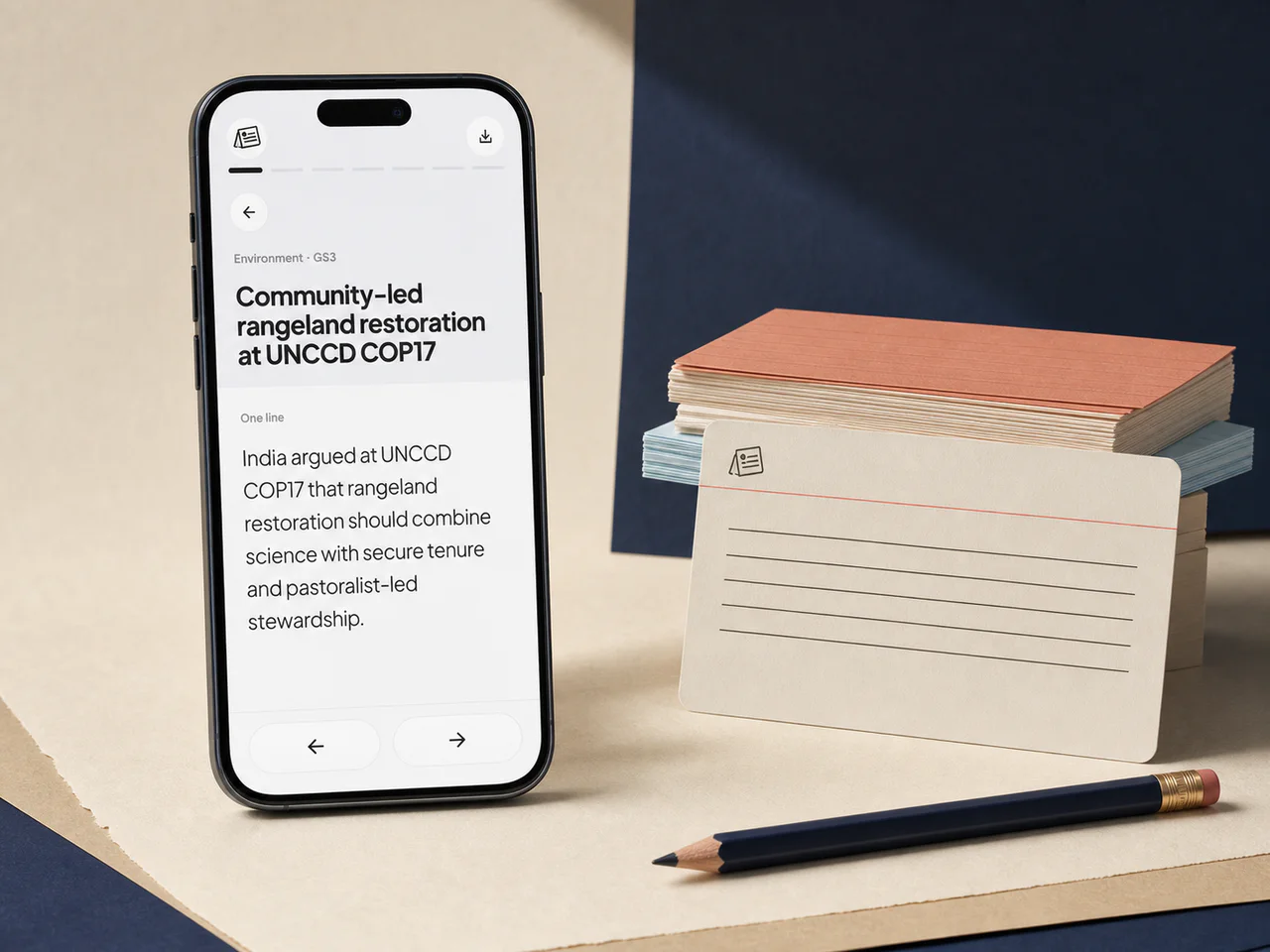 PIB Brief study-card reader shown on a phone beside revision cards