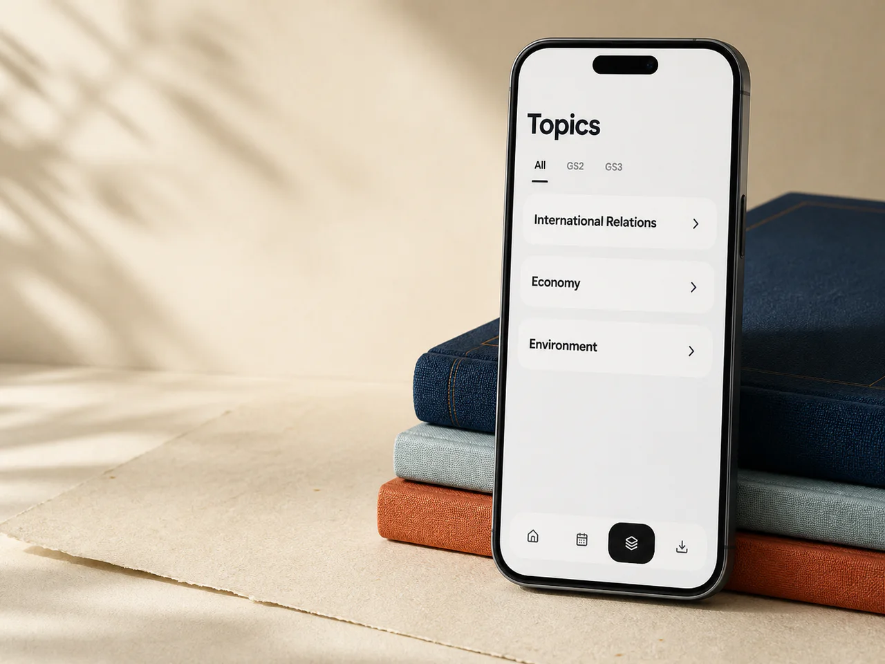 PIB Brief topic browser shown on a phone beside stacked subject dividers